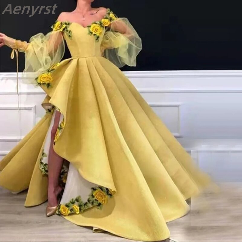 Элегантное желтое платье для выпускного вечера, милое вечернее платье с 3D цветами и открытыми плечами, с большим разрезом, складками, трапециевидной формы, فستان размера плюс