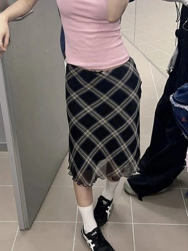 HOUZHOU Y2k Vintage Plaid Skirt Women Summer 2024 Korean Style Casual Mesh Print High Waist Slim Midi Skirt Girl 90s Streetwear