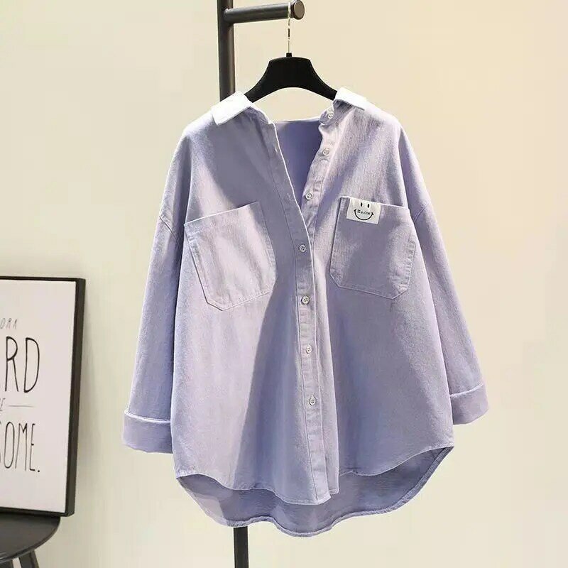 Camisa de manga comprida de algodão puro para mulheres, blusa retrô solta coreana tamanho grande, camisa casual fina, nova para primavera e outono, 2024