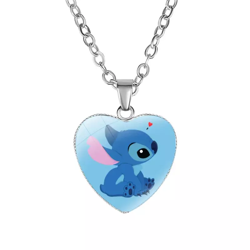 Disney Lilo & Stichs Halsketten Anime Stich Herz Halskette Foto gedruckt Glas Anhänger niedlich für Kinder Accessoires Schmuck Geschenke