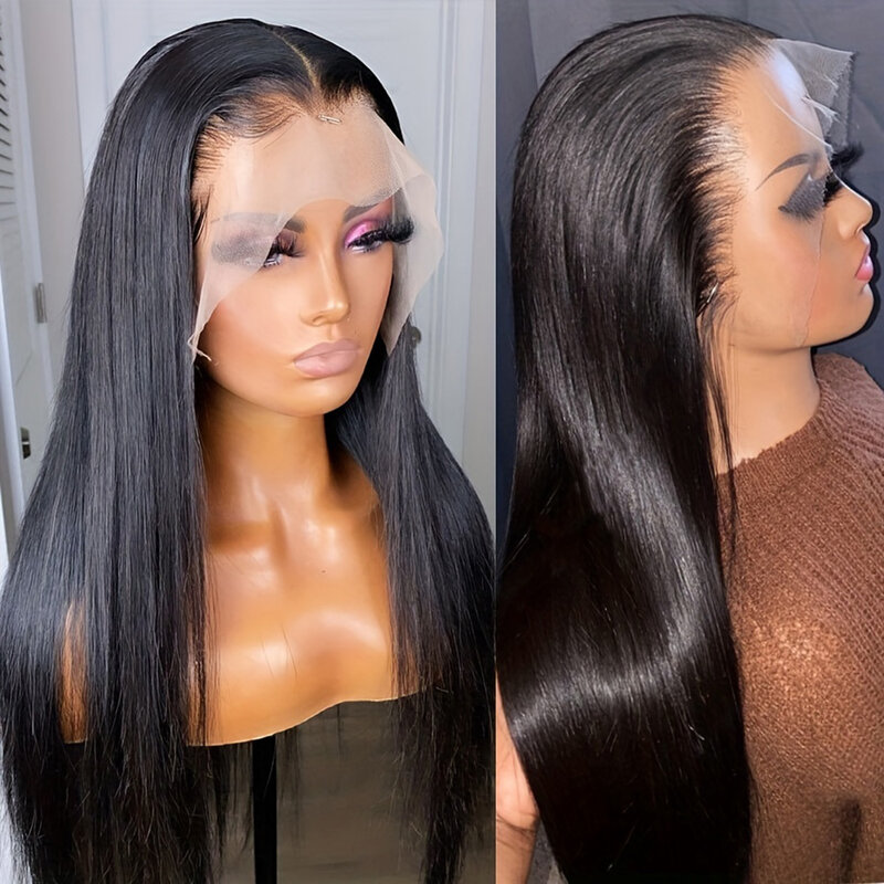 Pelucas de cabello humano liso con encaje Frontal transparente, 13x4, nudos invisibles blanqueados, cabello Natural para mujer