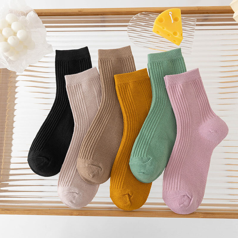 5 Pairs High-quality Women Autumn Warm Solid Color Socks Comfortable Warm Stripes Breathable Thickened Warm Medium Tube Socks
