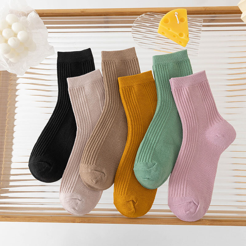 Calcetines de tubo medio para mujer, medias cálidas de alta calidad, transpirables y gruesas, de Color sólido, 5 pares