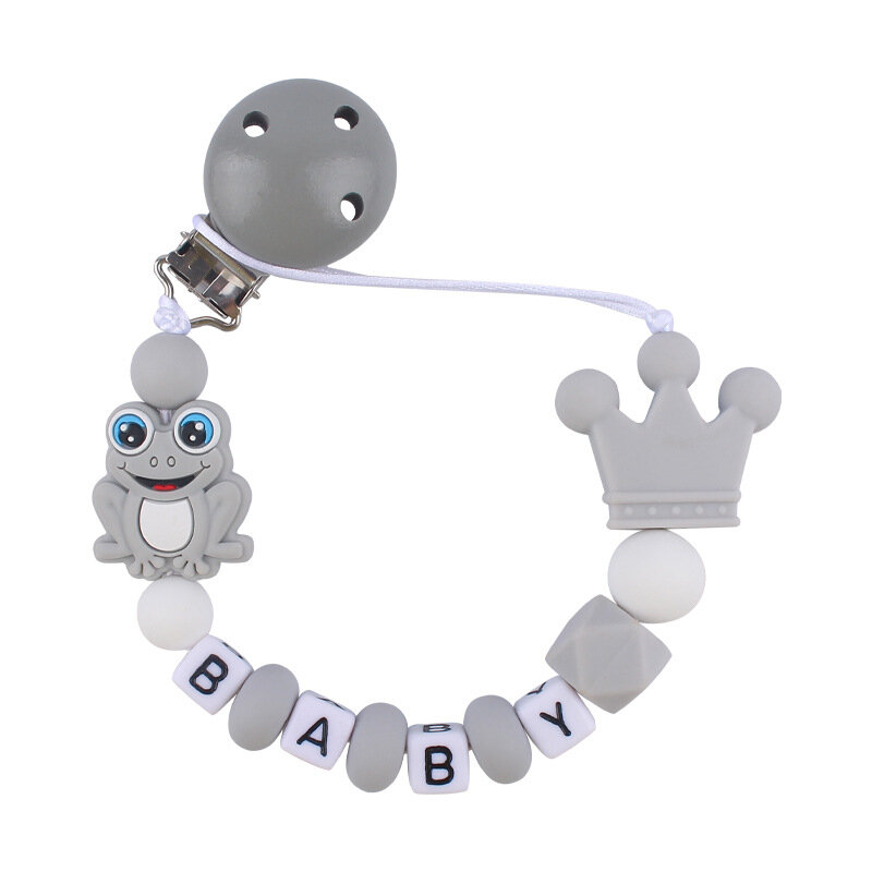 Custom Inglês Carta Nome Bebê Silicone Sapo Beads Pingente Clipes Chupeta Correntes Chew Teether Baby Chupeta Kawaii Toy Presentes