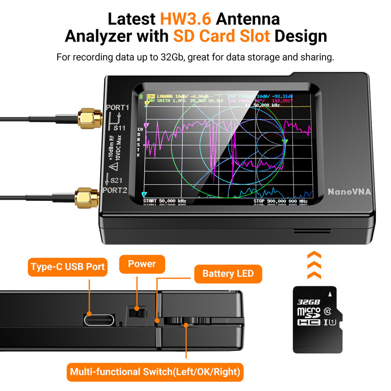 나노 VNA-H 벡터 네트워크 안테나 분석기, 10KHz-1.5GHz MF HF VHF UHF W/쉘 SD 카드 슬롯 지원, 32G 디지털 나노 VNA-H 테스터