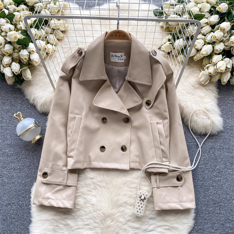 한국 여성 캐주얼 짧은 인조 PU 가죽 재킷, 용수철 가을 라펠 긴팔 더블 브레스트 여성 바이커 재킷, 2023 신상