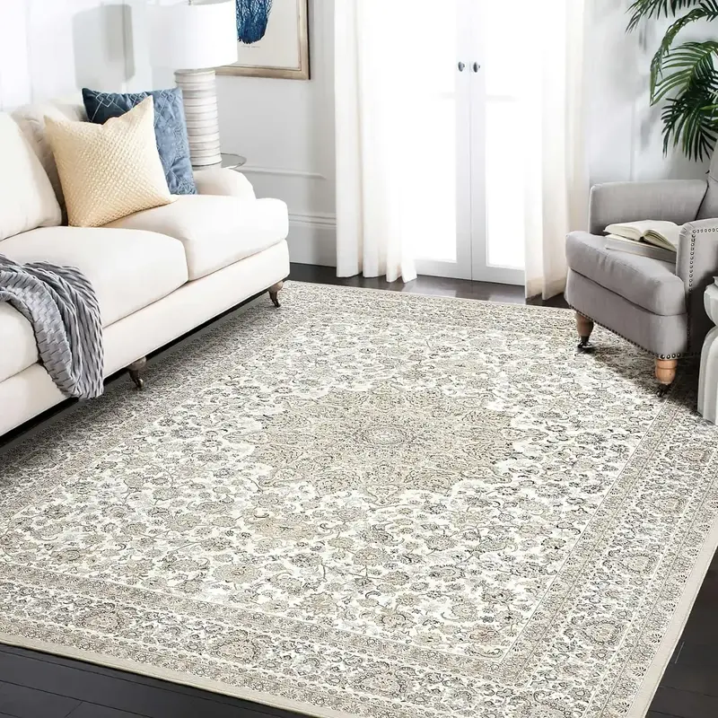 Area Rug Living Room Rugs: 9x12 Large Machine Washable Non Slip Thin Carpet Soft Indoor Luxury Floral Stain Resistant Carpets
