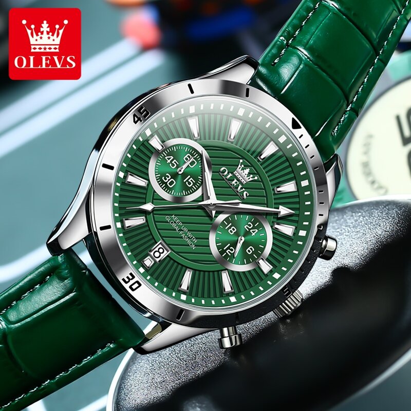 Olevs Marke Mode grün Quarzuhr für Männer Leder wasserdicht leuchtenden Kalender Luxus Chronograph Uhren Relogio Masculino