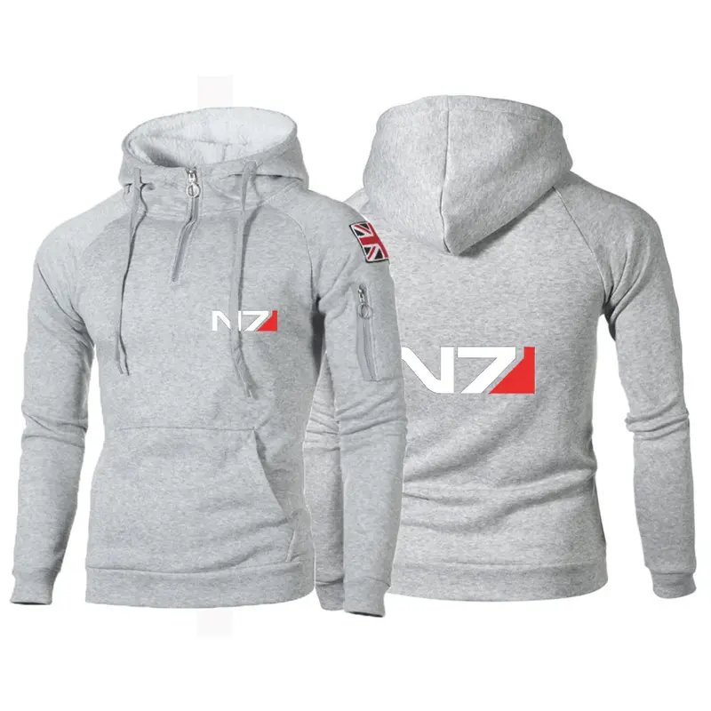 Hoodie kasual nyaman setengah ritsleting cetak Logo efek massa N7 musim gugur 2024 hoodie pria warna Solid popularitas olahraga kebugaran Pullover