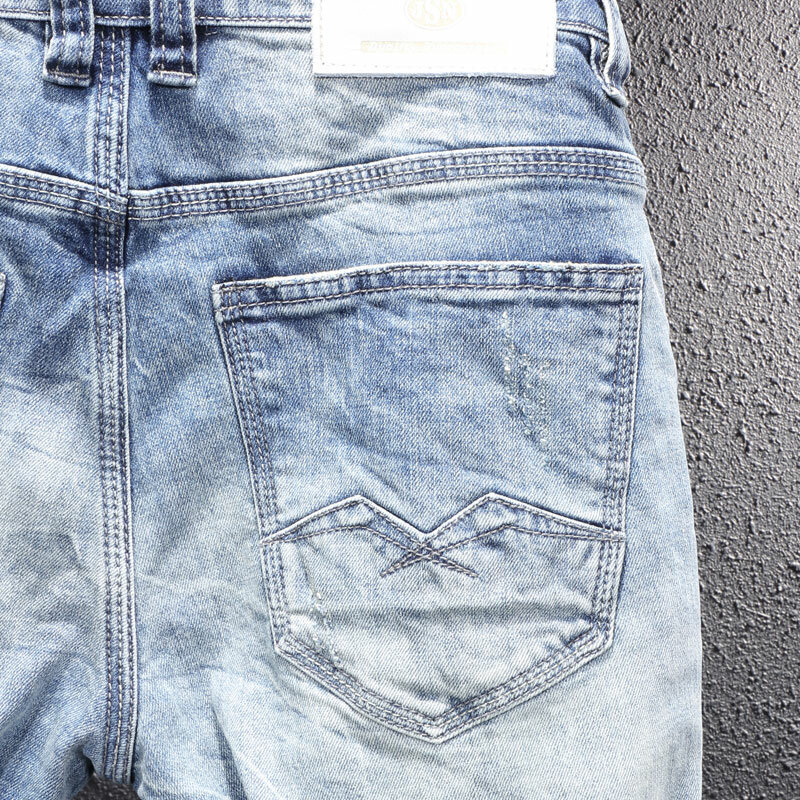 Projektant mody męskie jeansy światło Retro niebieskie elastyczne Slim Fit porwane jeansy męskie spodnie Vintage Casual Stretch spodnie dżinsowe Hombre