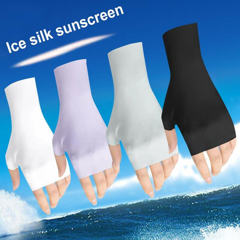 Sarung tangan mengemudi wanita, musim panas dingin sutra es perlindungan matahari Anti-UV tanpa jari setengah jari tabir surya bernapas