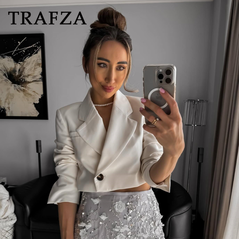 TRAFZA-Blazers cortos de oficina para mujer, chaqueta informal de un solo botón, elegante y elegante, a la moda, primavera y verano, 2024