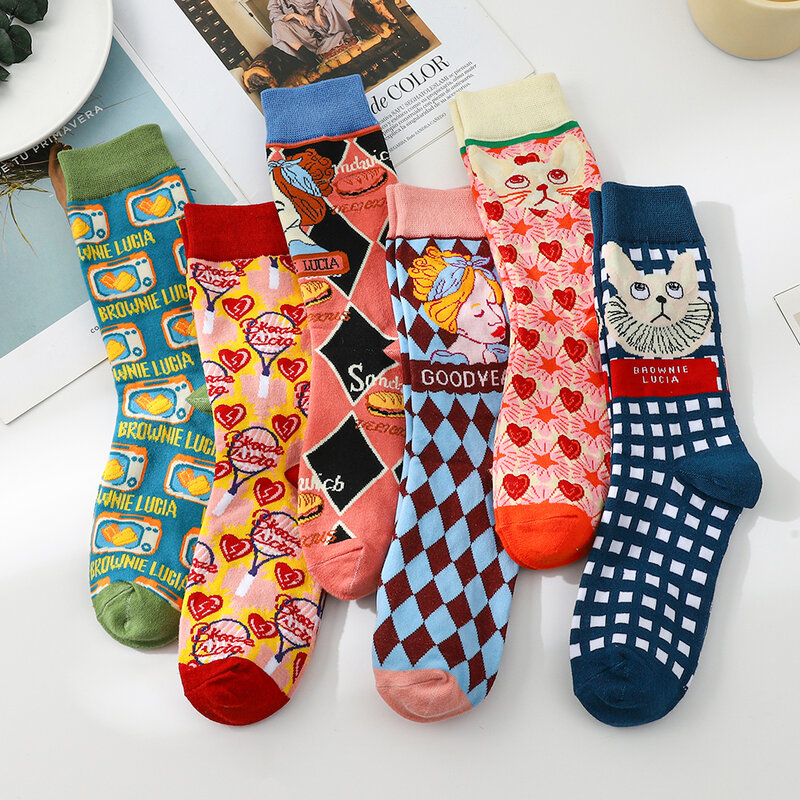 6pair/batch Fashion Cartoon cat Men Socks Soft Breathable Cotton Long socks Casual Socks Harajuku Happy Stockings Fun socks Gift
