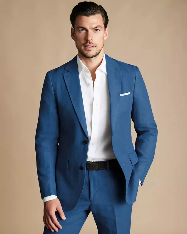 Костюм мужской из 2 предметов, голубой элегантный льняной пиджак, приталенный пиджак в стиле смарт-кэжуал, деловой костюм на заказ, лето 2024