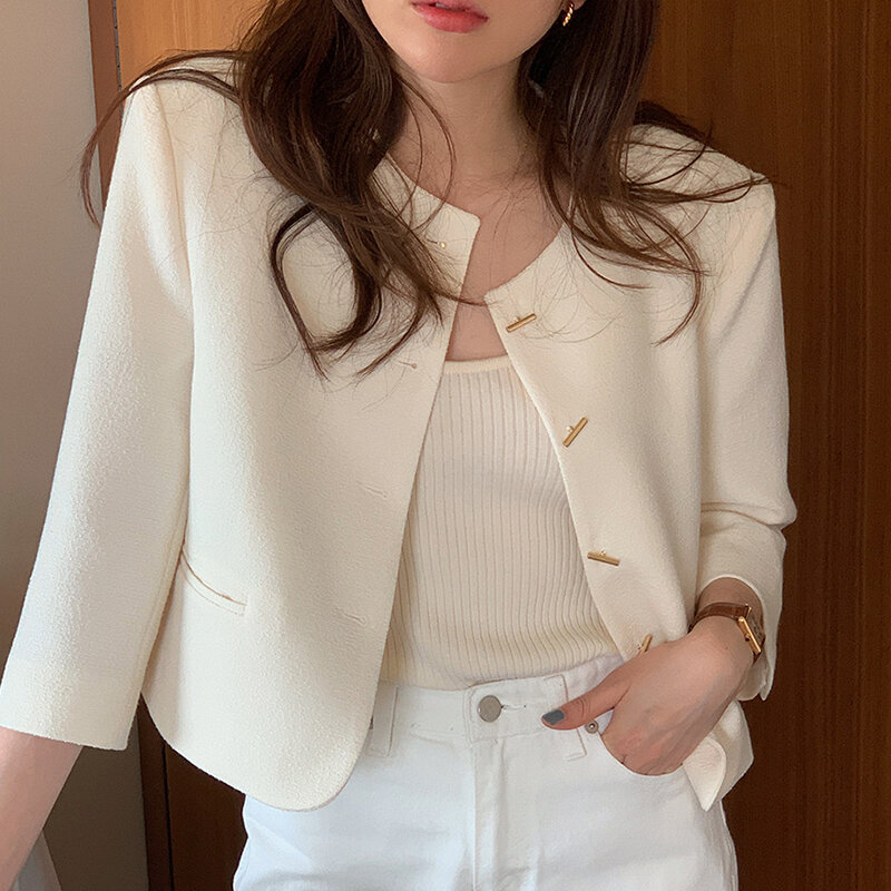 Spring Summer Coats Round Neck Single Breasted Loose Casual Long Seeved Short Jacket Women