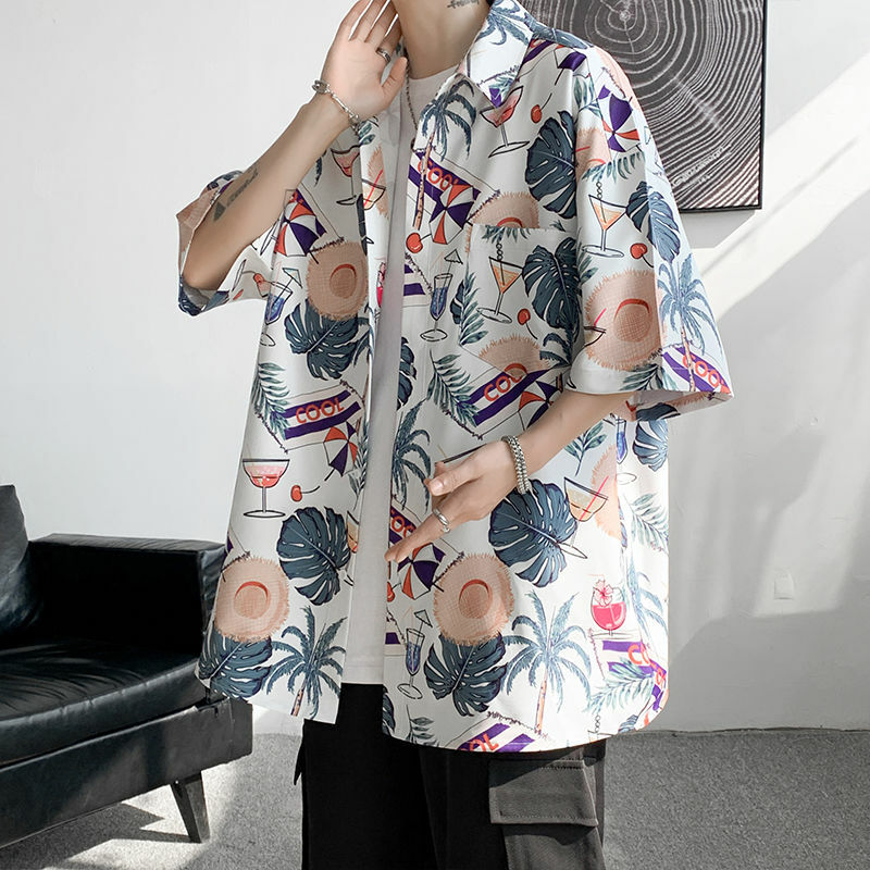 Elegante moda Harajuku Slim Fit Ropa Hombre sciolto Casual tutto abbinato capispalla stampato bottone collo quadrato manica corta Blusa