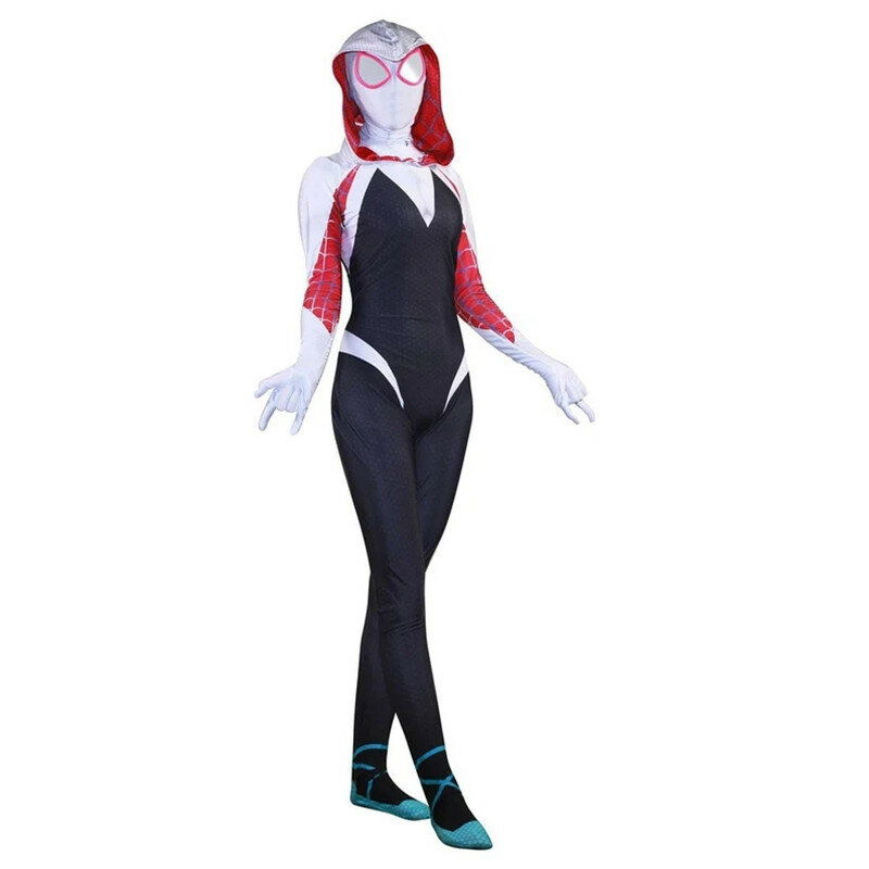 Kostum Cosplay Gwen Stacy Spider Gwen Baru Kafe untuk Wanita Jumpsuit Anak-anak Kostum Properti Pesta Halloween Topeng Terpisah