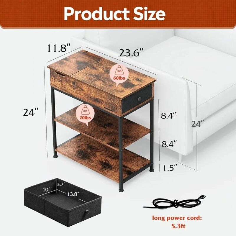 Narrow Side Table with 2 USB Ports and 2 Outlets, Flip Top End Table with Drawer and Storage Shelves，Bedroom, Small Spaces