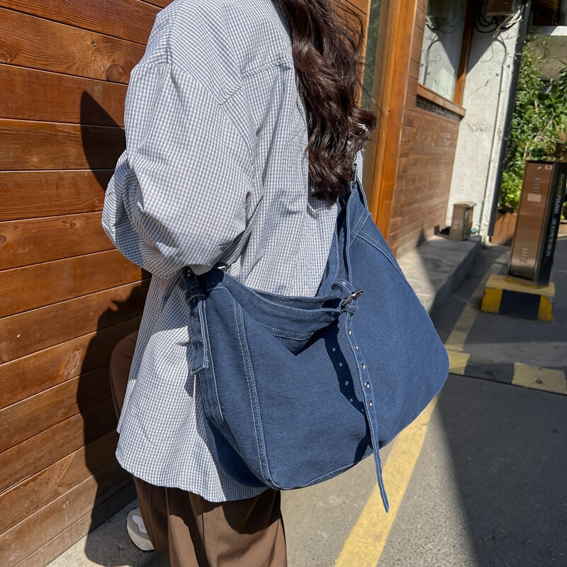 Bolso de lona de mezclilla de gran capacidad para mujer, bandolera de un solo hombro, bolso de compras retro informal, estilo callejero de moda