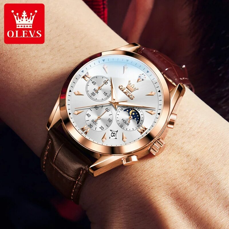 OLEVS-reloj de cuarzo para hombre, cronógrafo de cuero, resistente al agua, con calendario luminoso, de lujo, a la moda, nuevo