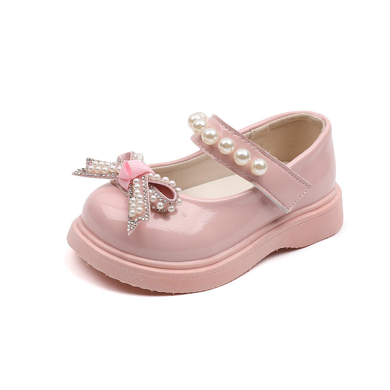 2022 New Pearl Bowknot Baby Princess Girls Leather Shoes Birthday Party Wedding Soft Patent Leather Flats Toddlers Kids Shoes