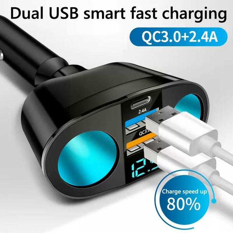 Car Cigarette Lighter 12V-24V Socket Splitter Blue Atmosphere Light PD QC3.0 2 USB Charger C Ports For Mobile Phone DVR Chargers