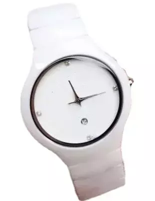 Jam tangan kuarsa bulat Wanita Pria, jam tangan olahraga kasual hitam putih keramik mewah untuk pria dan wanita