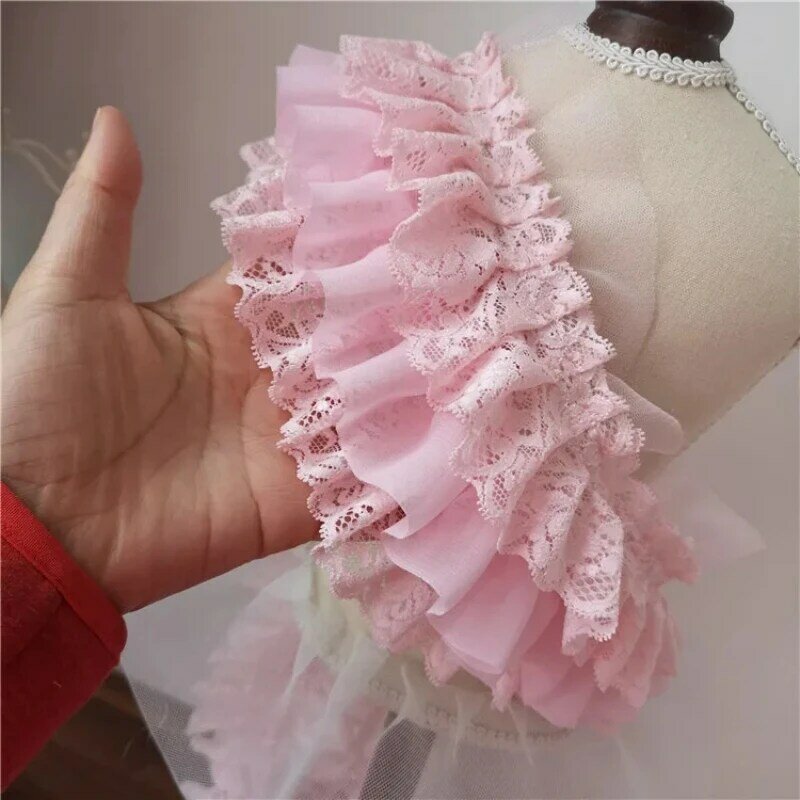 HOT Pink Three-layer Pleated Chiffon Beautiful Lace Ribbon Fabric DIY Handmade Wedding Dress Skirt Clothes Hat Making Doll Trim