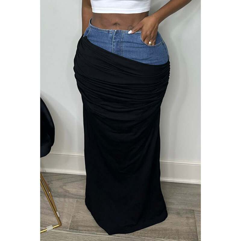 Denim Stitching Fold Skirt, preto, diário, plus size