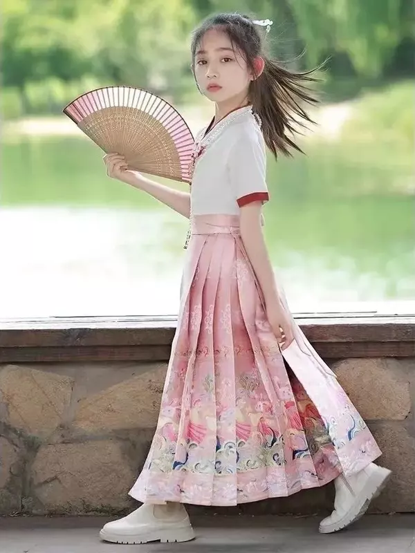 Chinese Traditional Costume Horse Face Skirt For Girls Summer Childrens Ancient Clothing Hanfu Suit National Style Daily Cosplay