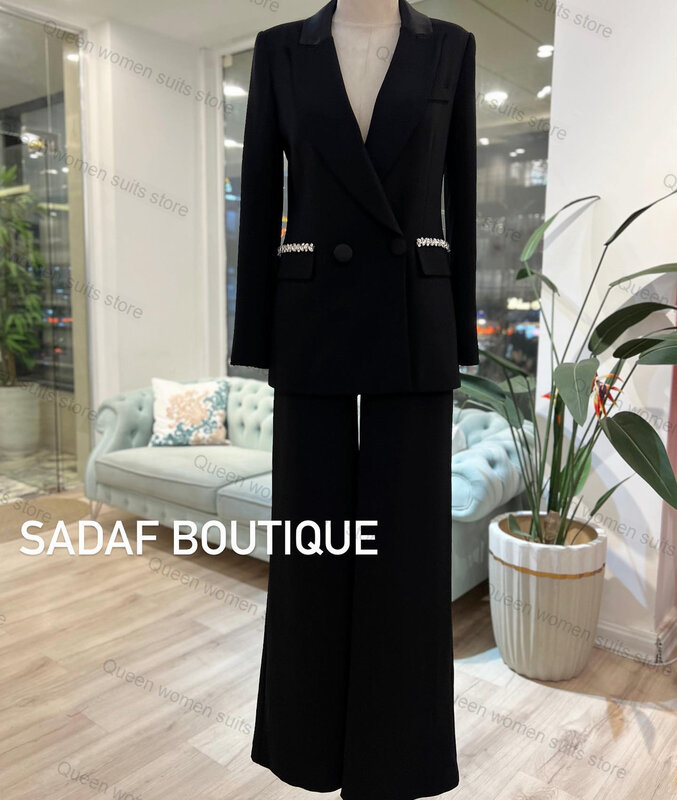 Damski garnitur zestaw spodni 2-częściowy czarny blezer + spodnie kryształy smoking ślubny formalne biuro Lady sukienka na studniówkę kurtka płaszcz wykonane na zamówienie