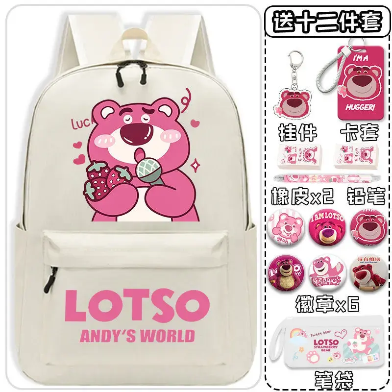 Sanrio tas punggung beruang stroberi pria dan wanita, tas sekolah kapasitas besar sederhana ringan tahan lama untuk pelajar