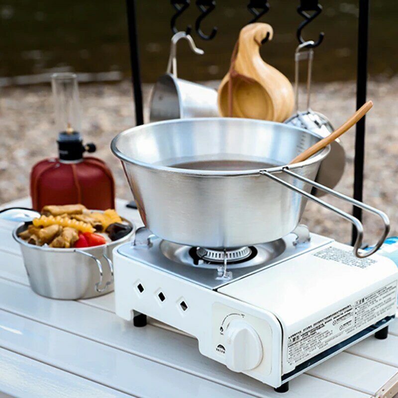 2000ML Stainless Steel Outdoor Camping Bowl Hangable Pot Heatable Stackable Portable Pot with Scale Outdoor Cooking Tools