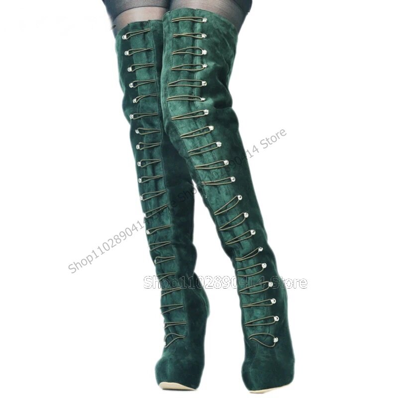 Botas de veludo verde de corda redonda para mulheres, salto alto fino, sapato de slip-on, moda nova, festa, 2023