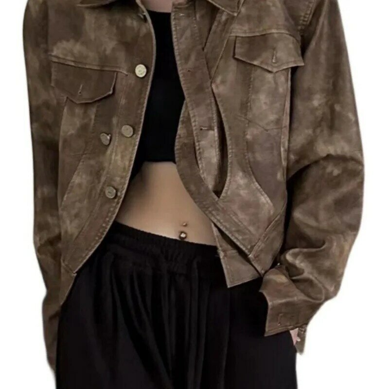 Chaqueta de cuero de cintura alta para mujer, traje de motocicleta versátil de moda, estilo Wasteland, Otoño, 2024