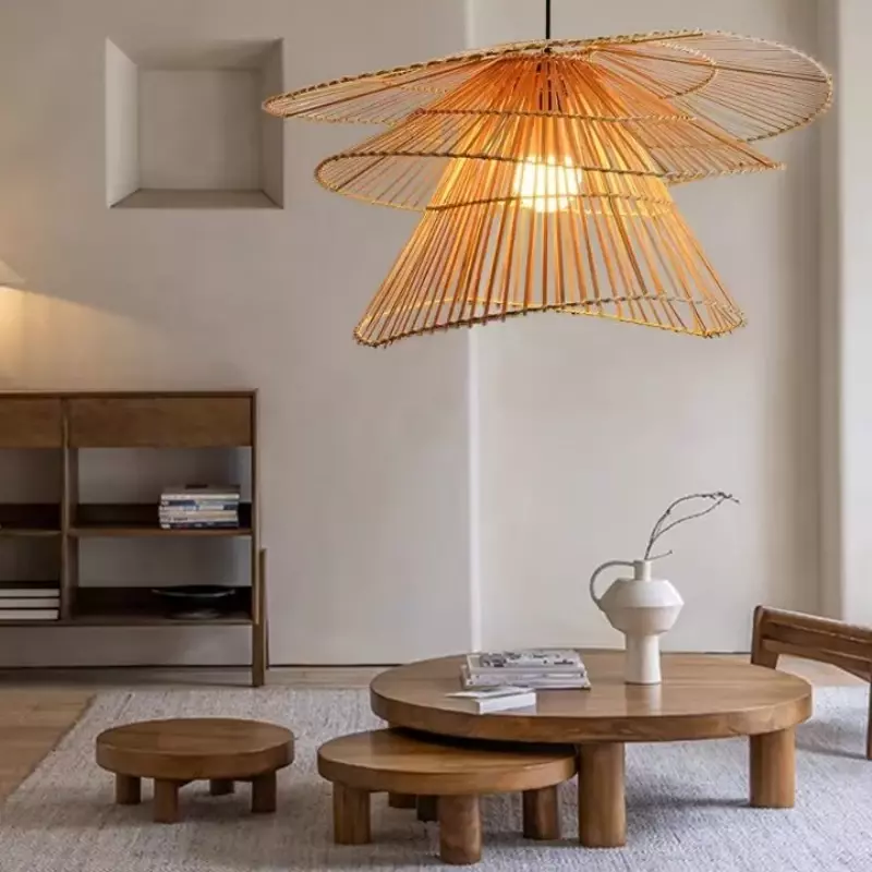 Candelabro moderno de mimbre hecho a mano, lámpara colgante creativa de varios pisos para restaurante, decoración de sala de estar, accesorios de iluminación tejidos de Bambú
