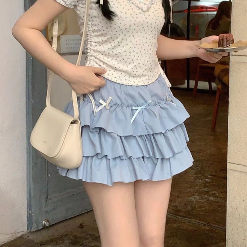 Deeptown Kawaii Lolita marszczona damska spódnica Cutecore słodka styl japoński krótka spódniczka warstwowa kokardka patchworkowa plisowana, krótka spódnica