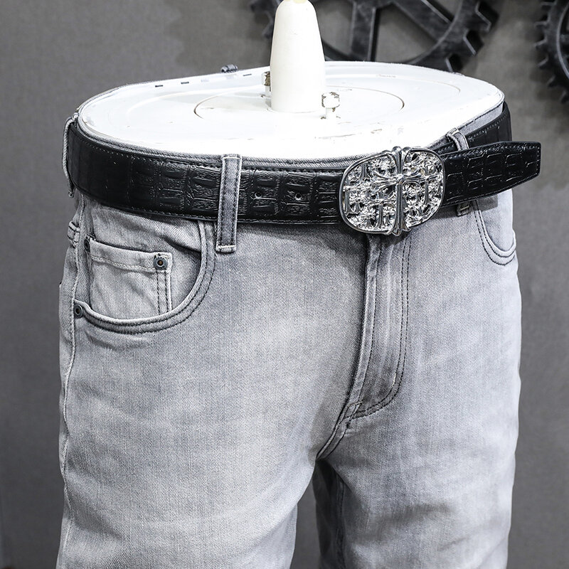 Moda designer calças de brim dos homens de alta qualidade retro cinza elástico fino ajuste rasgado jeans calças casuais do vintage calças jeans hombre