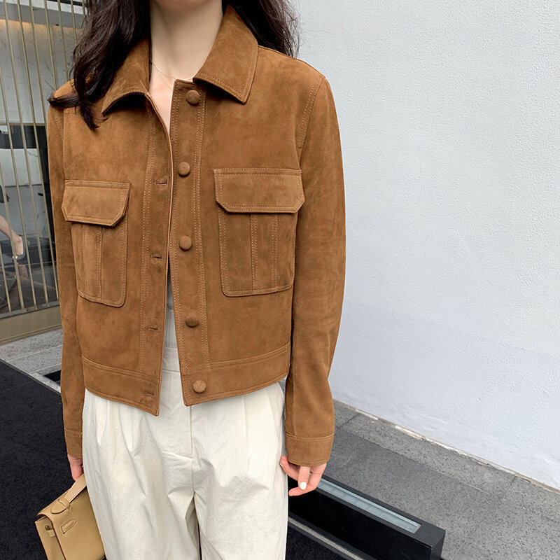 Real Leather Jacket For Women 2024 Spring Classic Quality Sheepskin Suede Lapel Single Breasted Casual Versatile Short Jaqueta