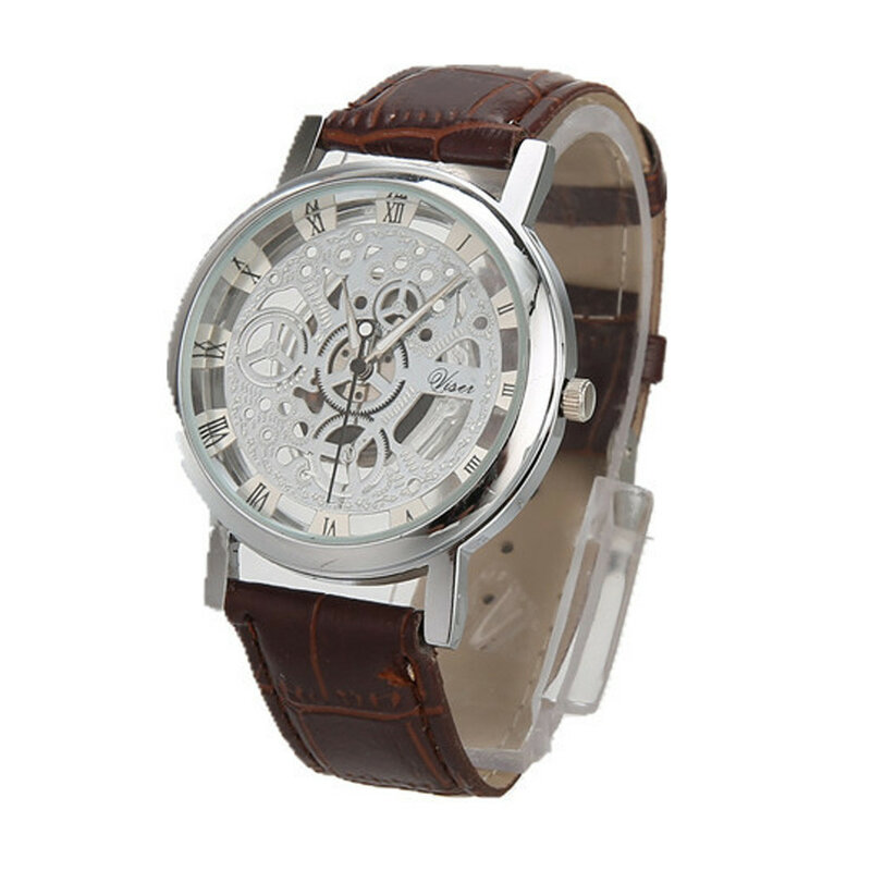 Relógio vintage de aço inoxidável masculino, quartzo mostrador oco, pulseira de couro luxuoso, relógio casual, design elegante