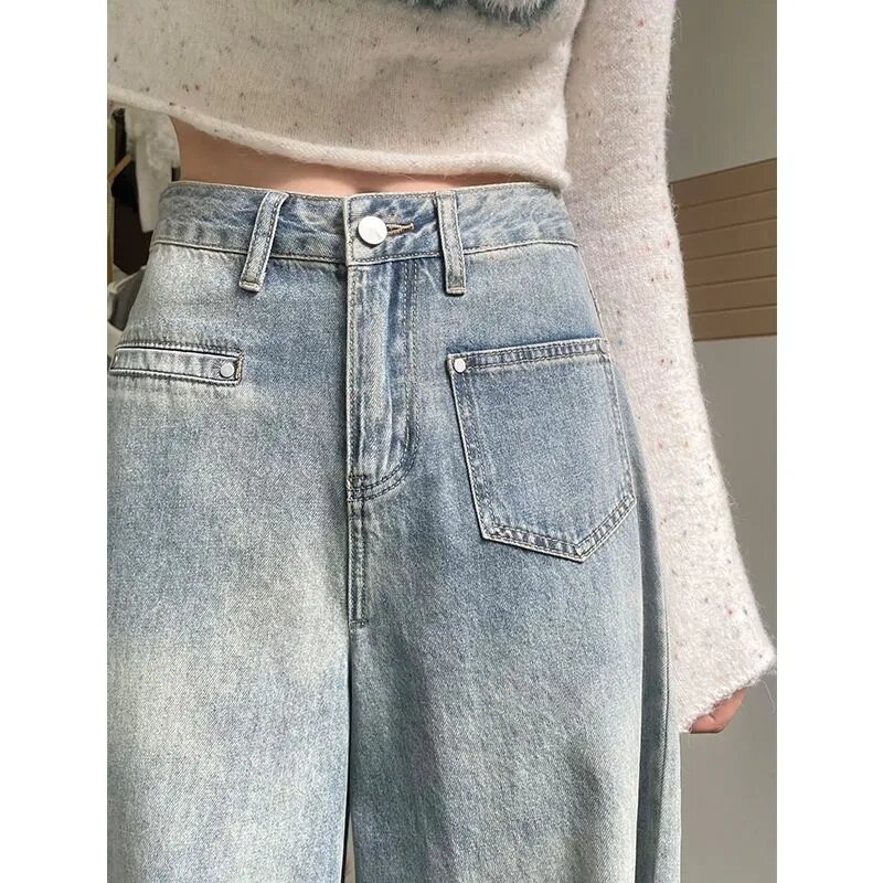 Vintage pomponem luźne dżinsy z szeroką nogawką kobiety proste luźne spodnie sprane dżinsy z wysokim stanem spodnie Streetwear Vaqueros Y2k