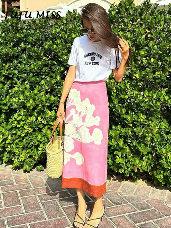 Pink Printing Spliced Straight Women Skirts 2024 Spring Summer Fashion Female Casual Elegant High Waist Split Slim Long Skirt