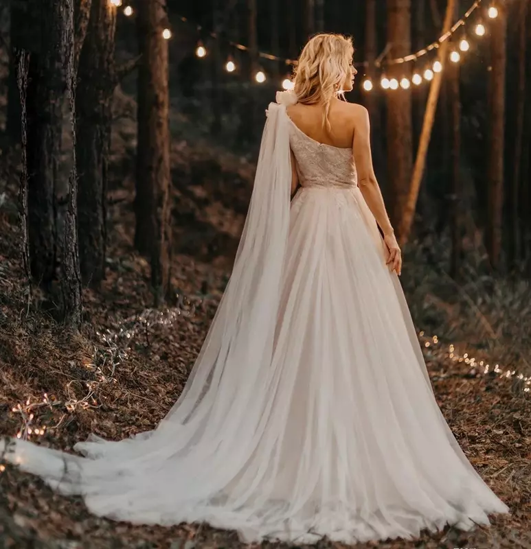Vestido de novia elegante con apliques de un solo puño, vestido de novia largo hasta el suelo de tul con cuentas blancas