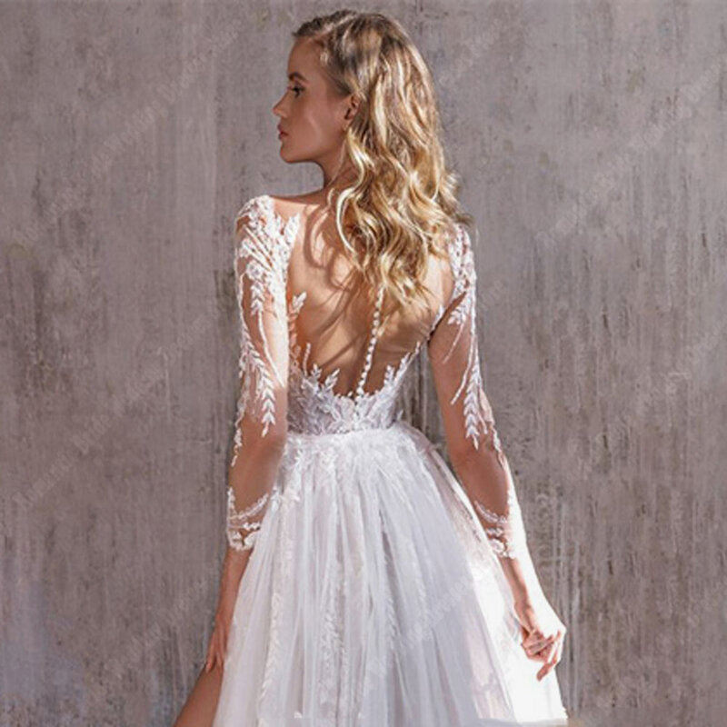 Celebrity Deep-V A-Line Wedding Dresses Formal Long Sleeves Bridal Gowns Popular Lace Floral Print Princess Vestidos De Novias