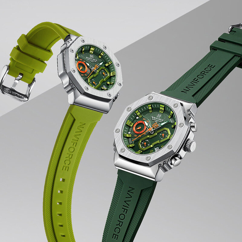 NAVIFORCE jam tangan pasangan, jam tangan tali silikon lembut Quartz kalender kronograf anti air kasual