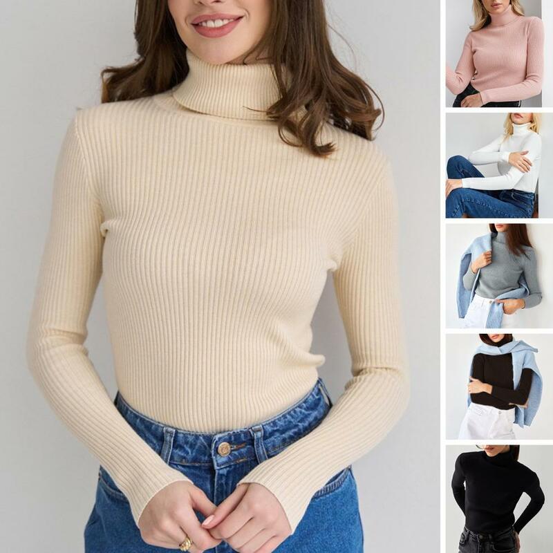 Women Top Turtleneck Long Sleeve Bottoming Shirt Solid Color Ribbed Slim Fit Knitting Pullover Tops Elastic Knitwear