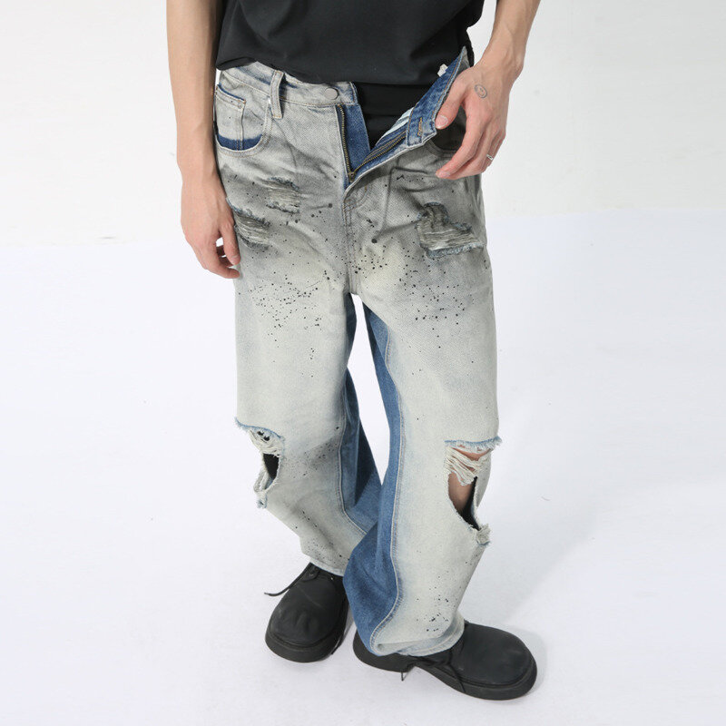 Noymei American Style Tie-Dye personal isierte Sommer 2024 Herren Distressed Jeans High Street Kontrast farbe gerade Hose wa4400