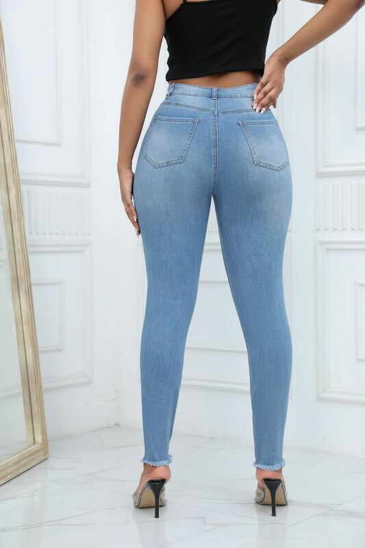 Jeans sexy feminino, com botão duplo, calça jeans, moda buraco, nova, verão