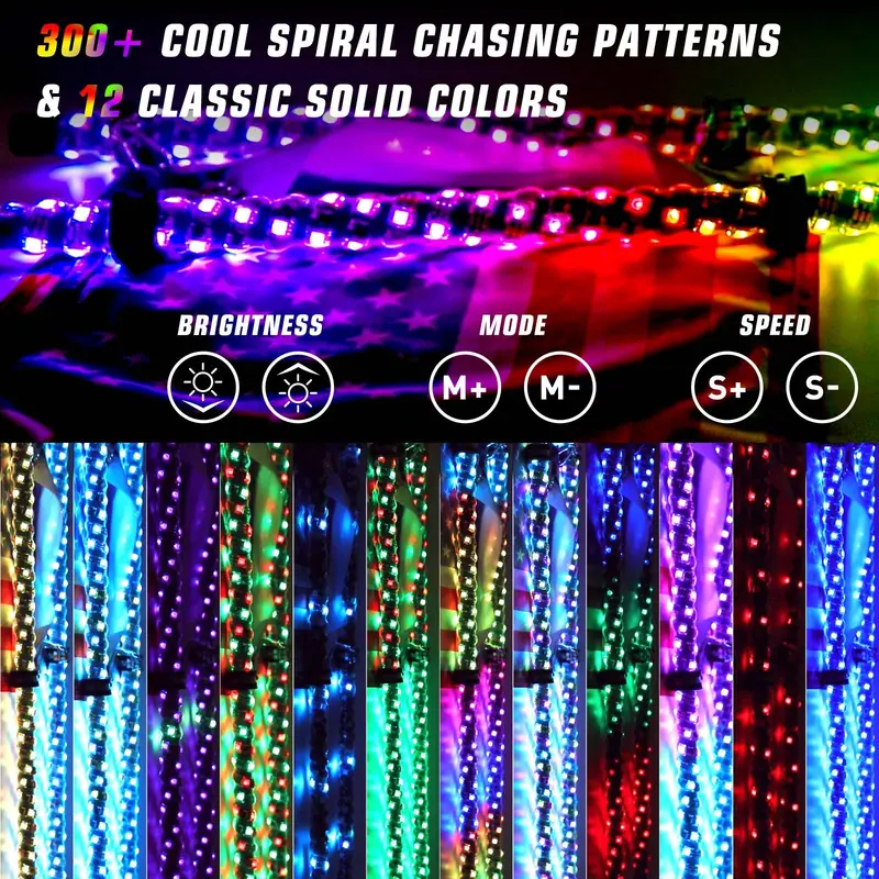 2PCS 4FT 5050RGB Bluetooth And Remote Control Colorful Spiral LED Whip Lights Lighted Antenna Whips for ATV Polaris RZR