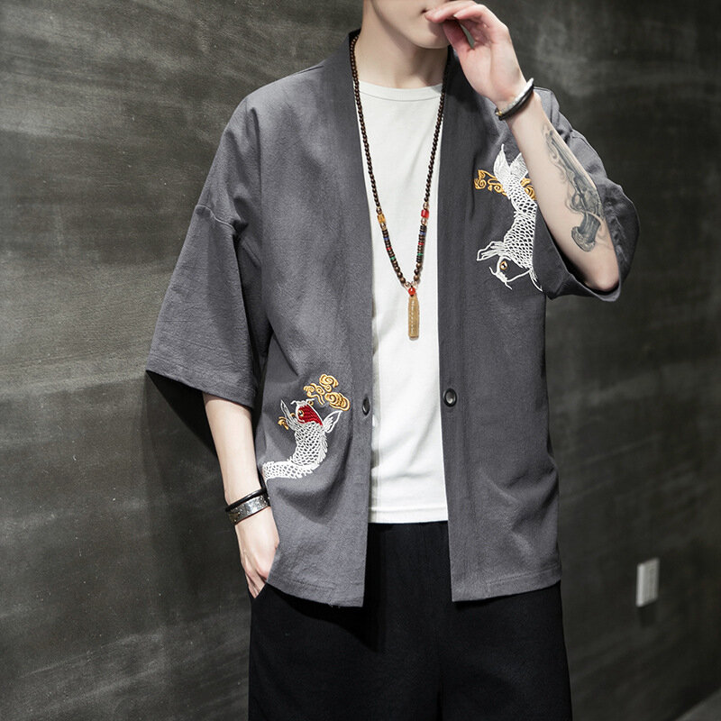 Cotton Linen Kimono Cardigan Men Japanese Male Yukata Haori Thin Causal Samurai Clothing Traditional Streetwear Jacket